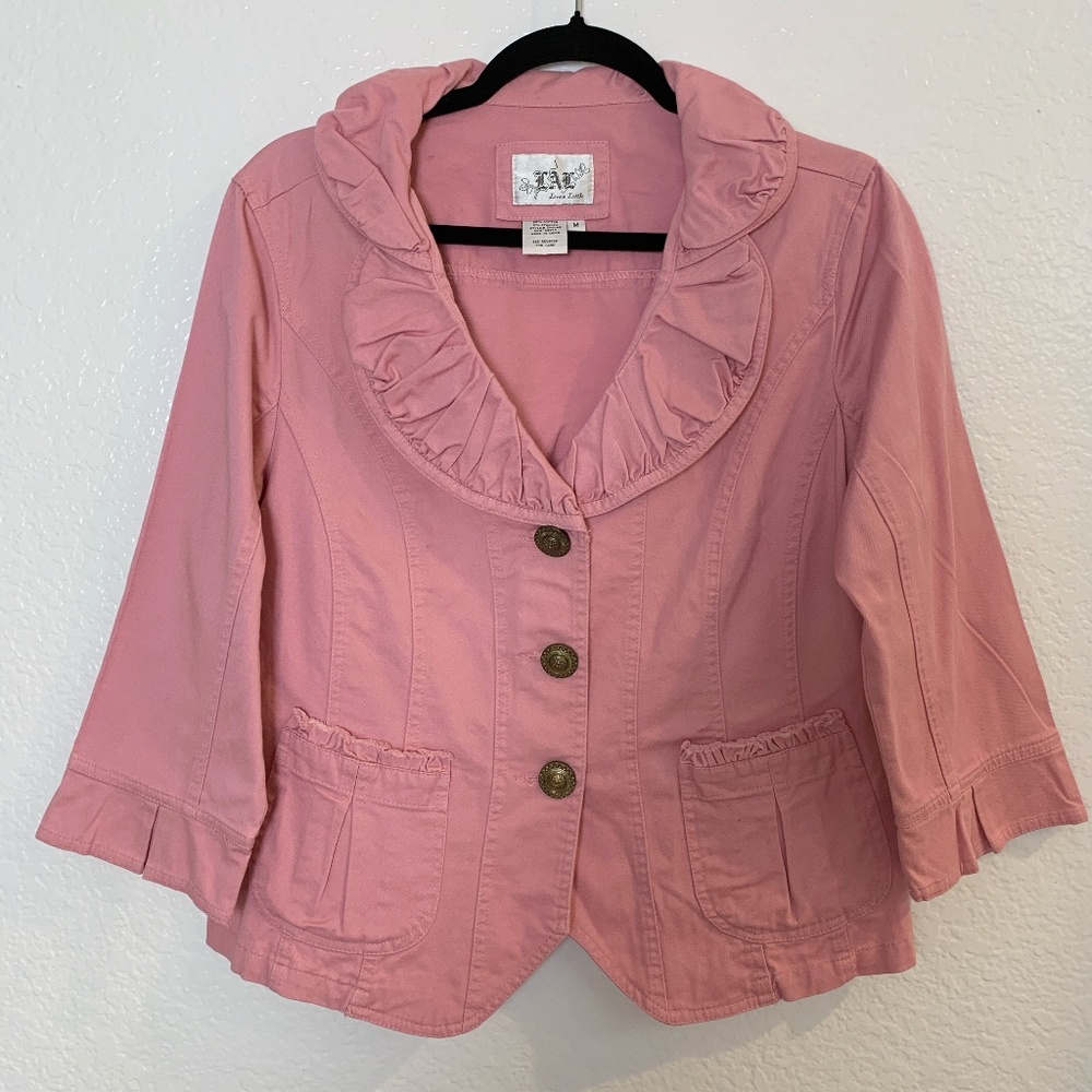 Vintage LAL Cropped Pink Jacket Blazer Medium Y2K Ruffle Button Up Coquette Coat